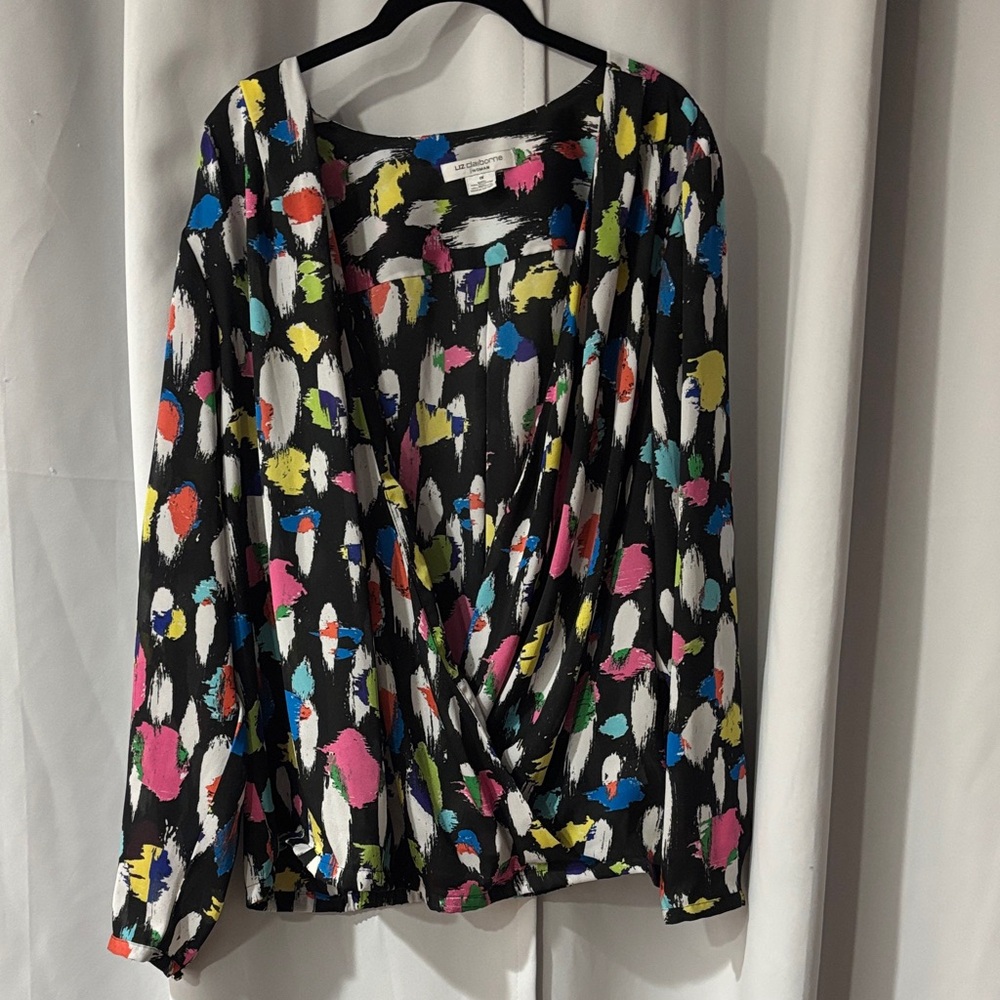 Liz Claiborne Black Multicolor Brushstroke Wrap Blouse